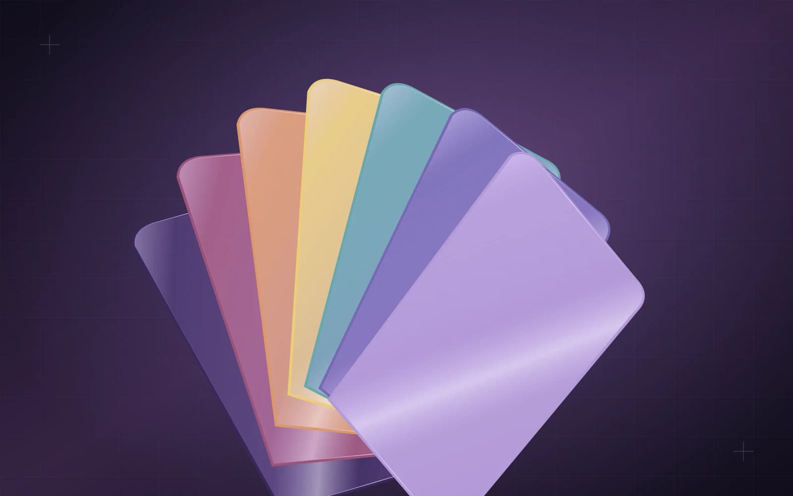 A fan of sculpted colored protective-film samples in purple, yellow, blue and coral