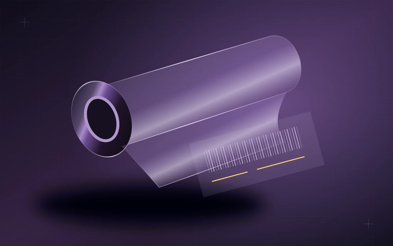 A translucent protective-film roll beside abstract serial and barcode identity elements