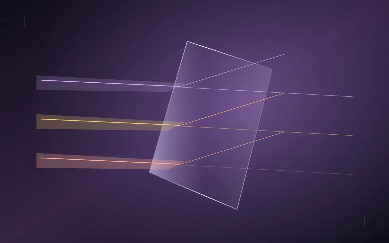 Three distinct bands of light meeting a transparent automotive-glass pane