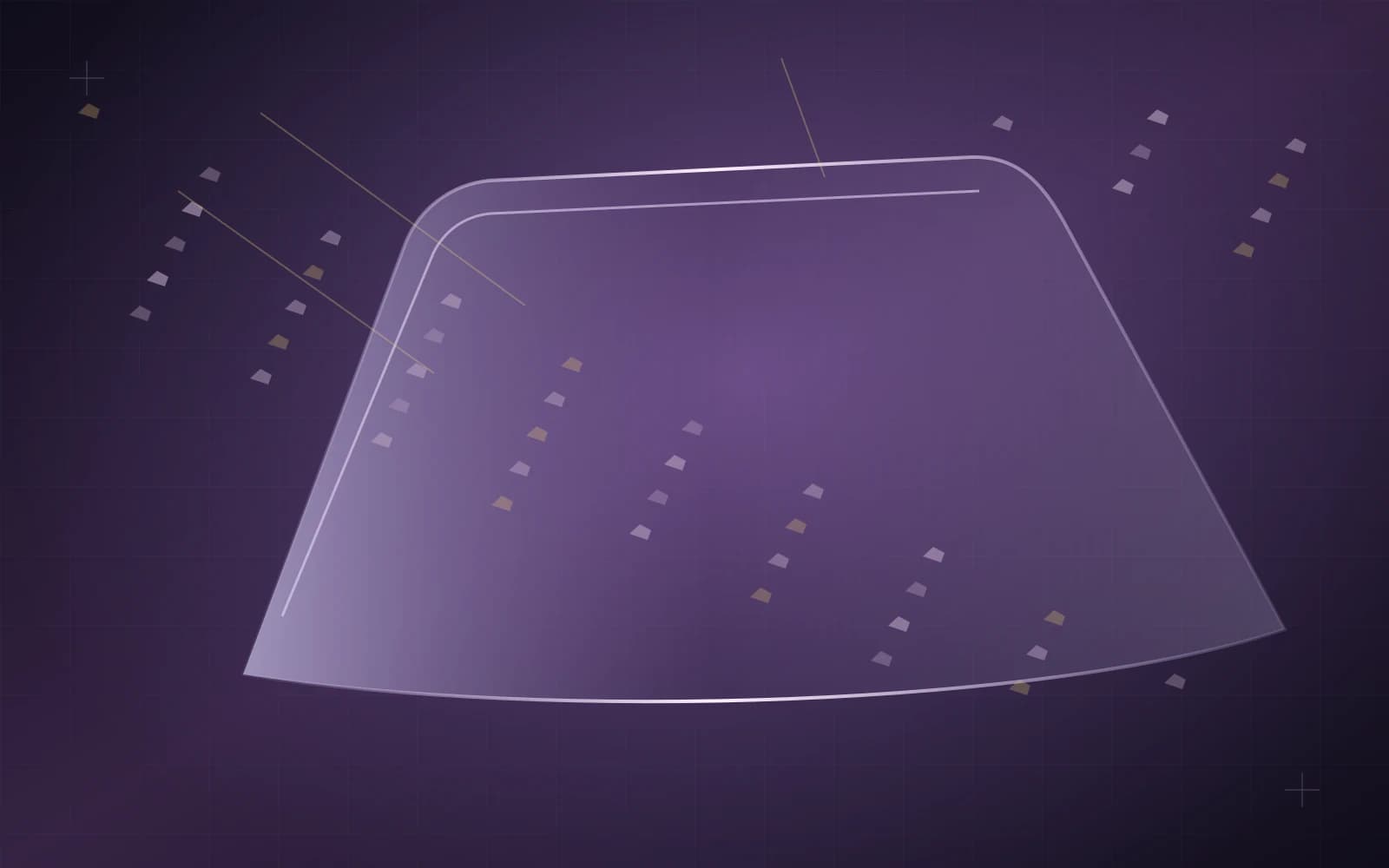 A curved clear windshield protection layer facing scattered road particles