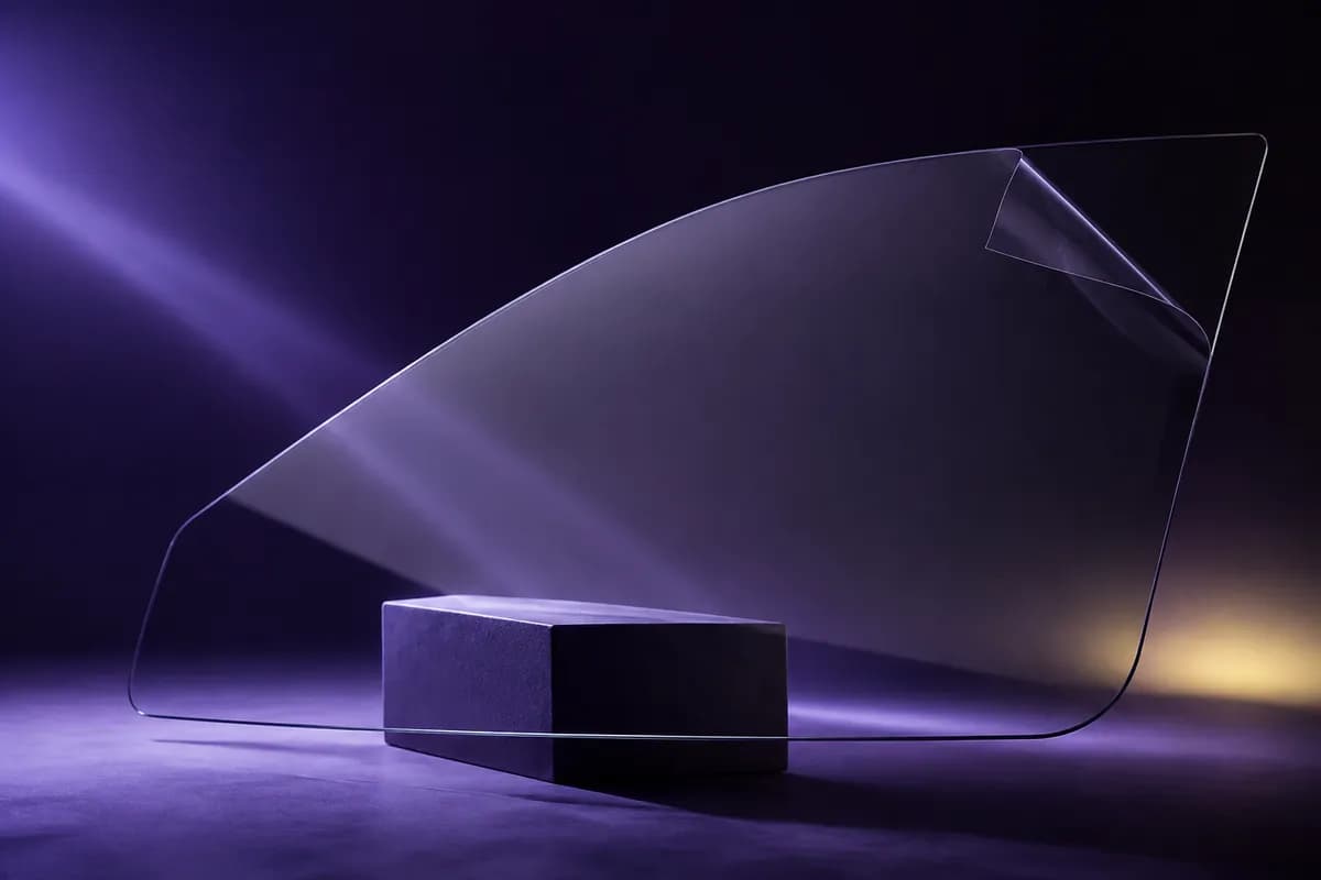 Transparent automotive glass film revealing clear optical layers in violet light