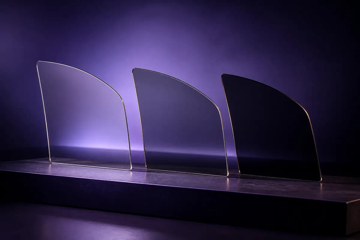 Nano-ceramic automotive glass film shown in distinct transparent shade layers