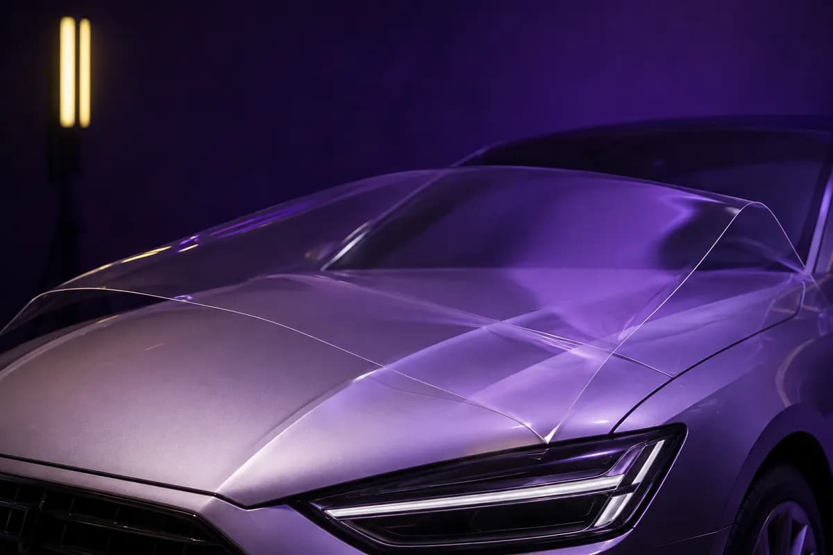 Clear protective film arching above a sculpted automotive body panel.