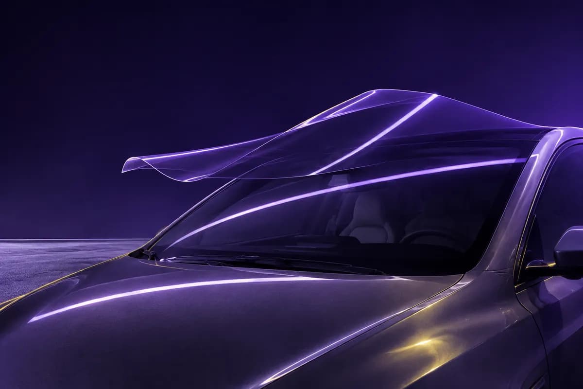 Optically clear protective film at the edge of an unbranded automotive windshield.