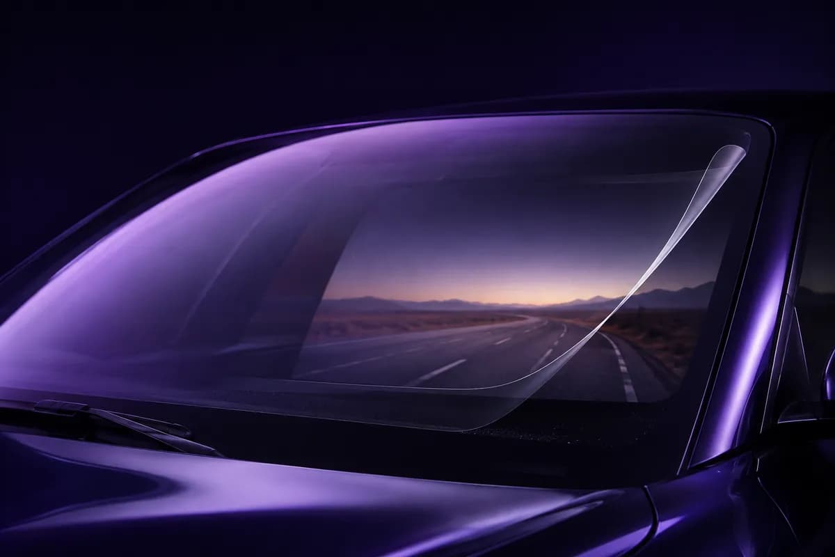 Clear optical film shown over an unbranded vehicle windshield with the road visible through the glass.